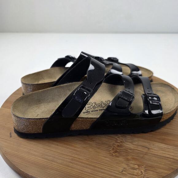 Birki's Sandals Womens Size 8 Black Patent Triple Strap Cork Footbed Shoes - Picture 5 of 13